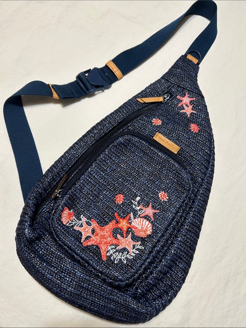 Vera Bradley Navy Woven Sling Belt Bag with Coral Embroidery